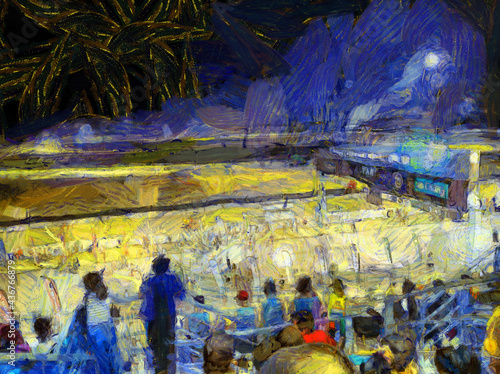 Audience at the start of the marathon Illustrations creates an impressionist style of painting. © Kittipong