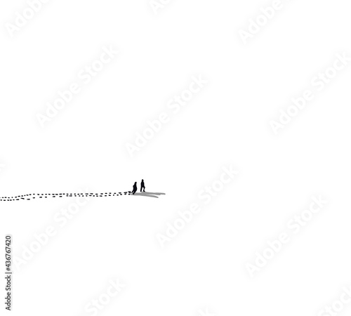 Two friends hiking in the middle of a snowy meadow. Concept of loneliness. Minimalism, winter, cold