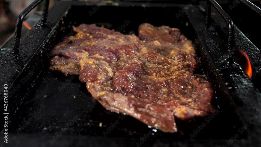 Preparing roast beef in restaurant, close-up, Mediterranean Preparing roast beef in restaurant, close-up, Mediterranean