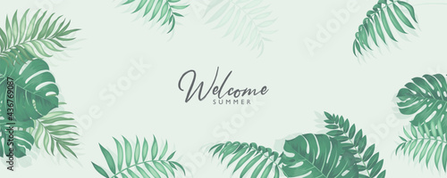 Minimalist summer banner design with tropical leaves theme