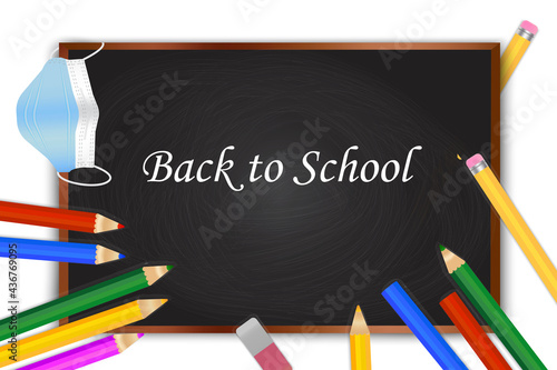 Blackboard pencils. Chalkboard illustration with blackboard. School board with medical mask. Vector illustration. EPS 10.
