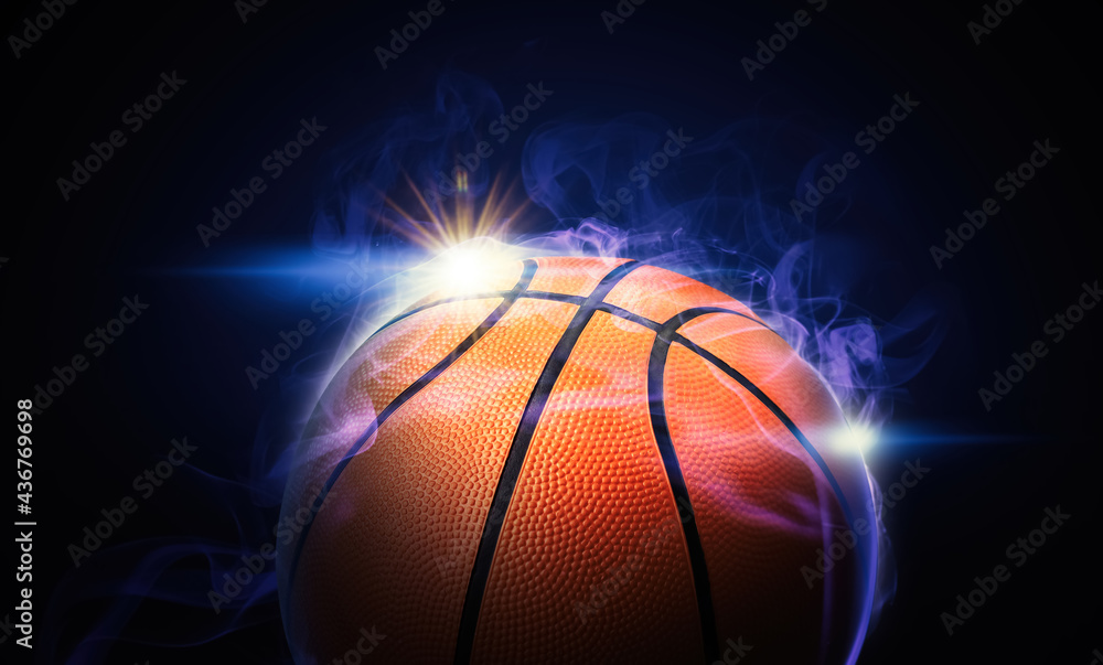 Basketball ball and smoke on black background, closeup. Banner design