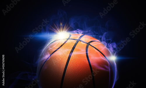 Basketball ball and smoke on black background, closeup. Banner design