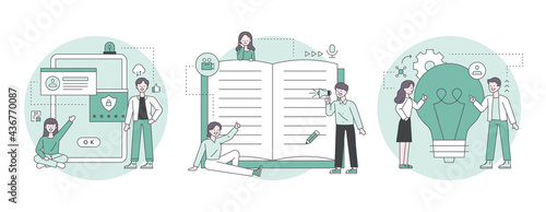 Mobile security and sharing ideas, people taking notes and reviewing. Outline flat design style minimal vector illustration set.
