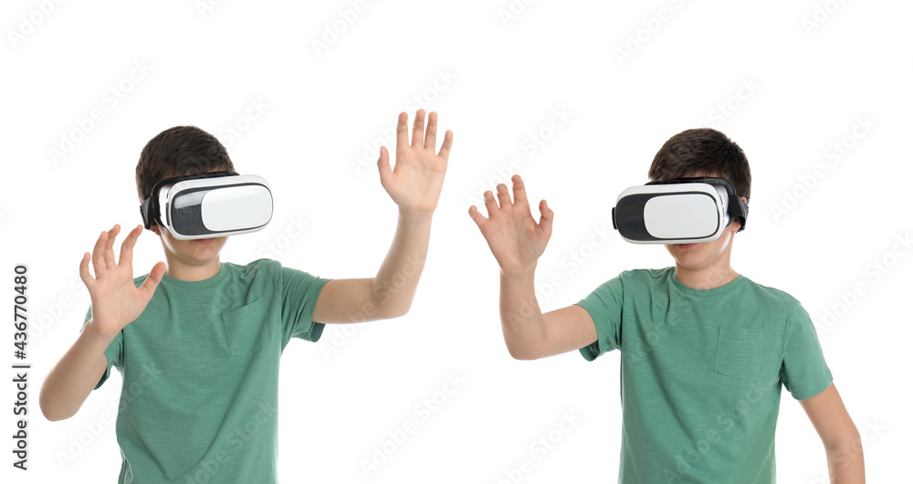 Teenage boy using virtual reality headset on white background, collage. Banner design Teenage boy using virtual reality headset on white background, collage. Banner design