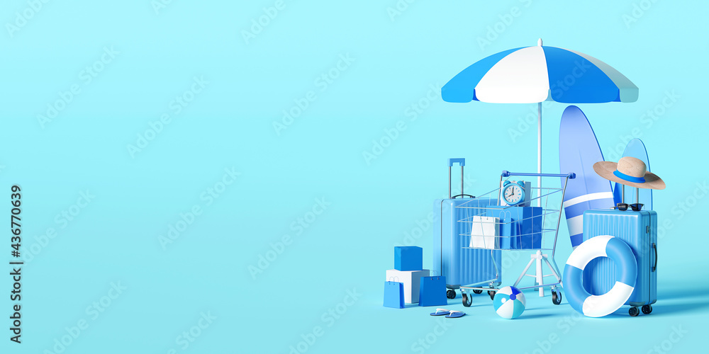 Summer sale banner, Shopping cart with beach accessories, luggage on blue background, 3d illustration Summer sale banner, Shopping cart with beach accessories, luggage on blue background, 3d illustration