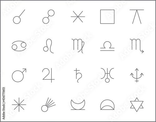 Set of Astrology and zodiac sign line style.  It contains such Icons as planets, asteroids, earth, trine, square, ether, cancer, leo, virgo, libra, aspects and other elements. 