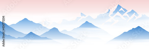 Fototapeta Naklejka Na Ścianę i Meble -  Mountain peaks above the clouds, morning fog. Vector illustration, banner.	