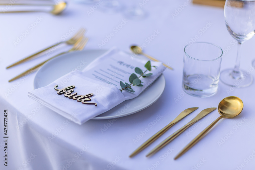 Bride Place Card Romantic Wedding Table Top Layout Table Spread no people no human tropical location with cutlery Bride Place Card Romantic Wedding Table Top Layout Table Spread no people no human tropical location with cutlery