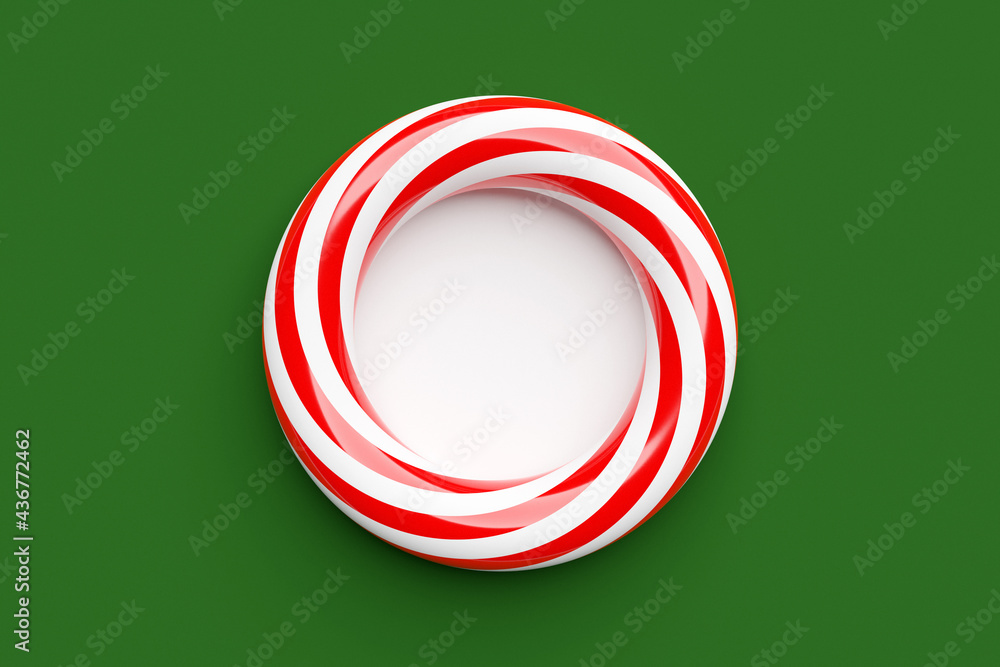 3D illustration of a round red mocap with volumetric frame on a green monochrome isolated background. Advertising banner mockup. 3D illustration of a round red mocap with volumetric frame on a green monochrome isolated background. Advertising banner mockup.