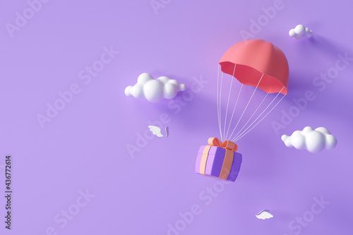 3D Red parachute carrying purple gift box flying through clouds. 3d render illustration photo