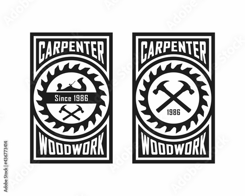 Set of black and white illustrations of a plane, hammer, circular saw and text on a white background. Vector illustration in vintage style for emblem, sticker, label, poster. Carpenter services.