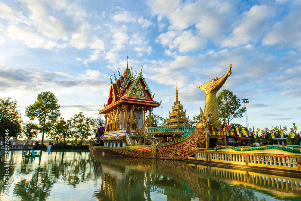 Thai Temple on Suphannahong Boat At Wat Pa Suphan Hong in the evening, Sisaket Province, Thailand Thai Temple on Suphannahong Boat At Wat Pa Suphan Hong in the evening, Sisaket Province, Thailand