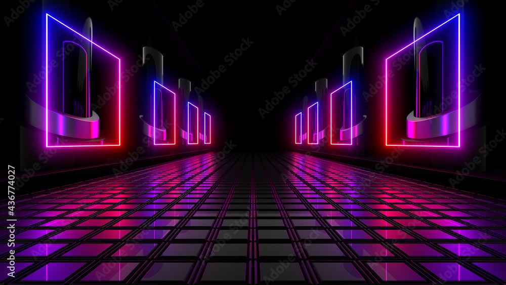 Obraz premium Sci Fy neon lamps in a dark corridor. Reflections on the floor and walls. 3d rendering image.