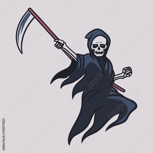 vintage t shirt design grim reaper jump with the position of holding the ax illustration