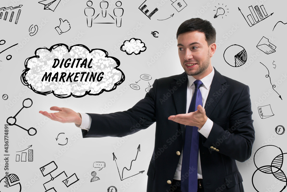 Business, technology, internet and network concept. Young businessman thinks over the steps for successful growth: Digital marketing Business, technology, internet and network concept. Young businessman thinks over the steps for successful growth: Digital marketing