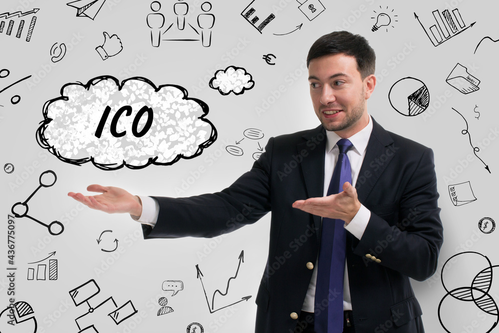 Business, technology, internet and network concept. Young businessman thinks over the steps for successful growth: ICO Business, technology, internet and network concept. Young businessman thinks over the steps for successful growth: ICO