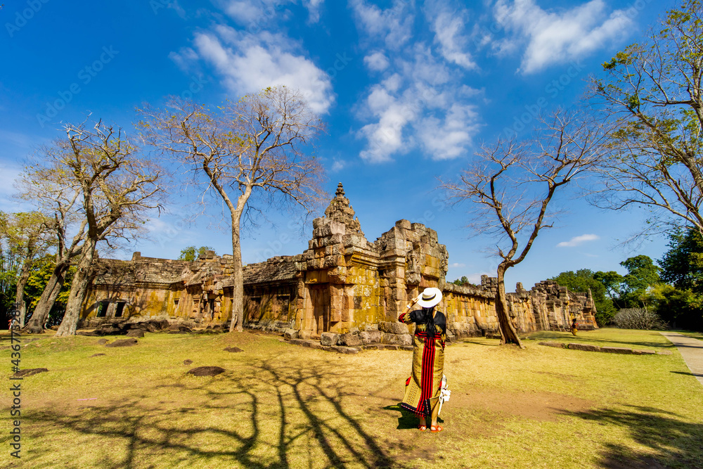Fototapeta premium Prasat Khao Phanom Rung is a stone laterite castle. There are tourists during COVID-19, Buriram Province, Thailand.