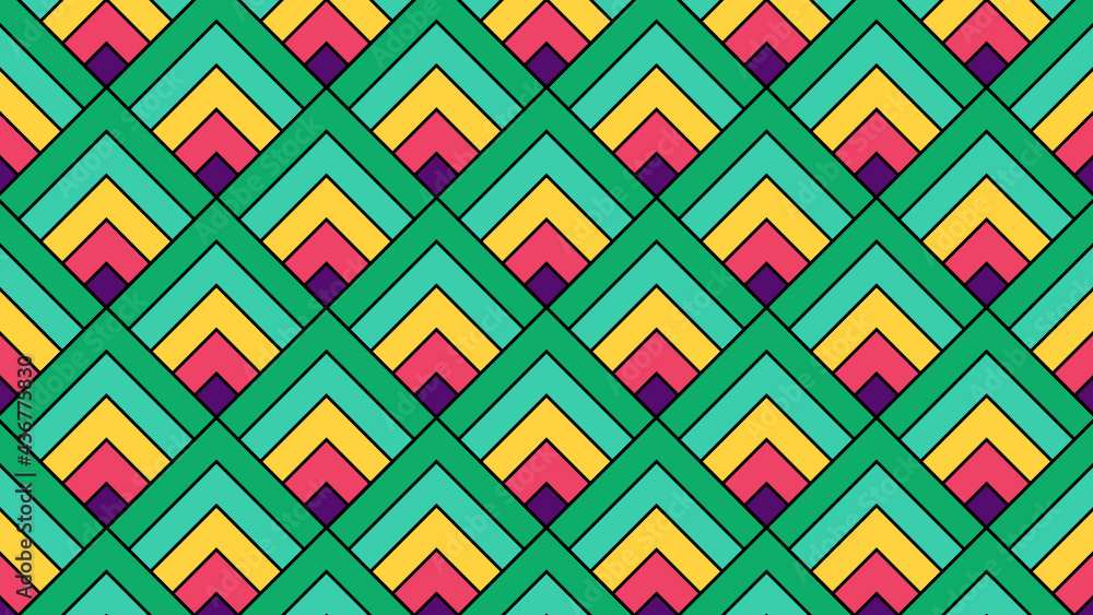 Patrón de cuadrados solapados formando escuadras en colores vivos