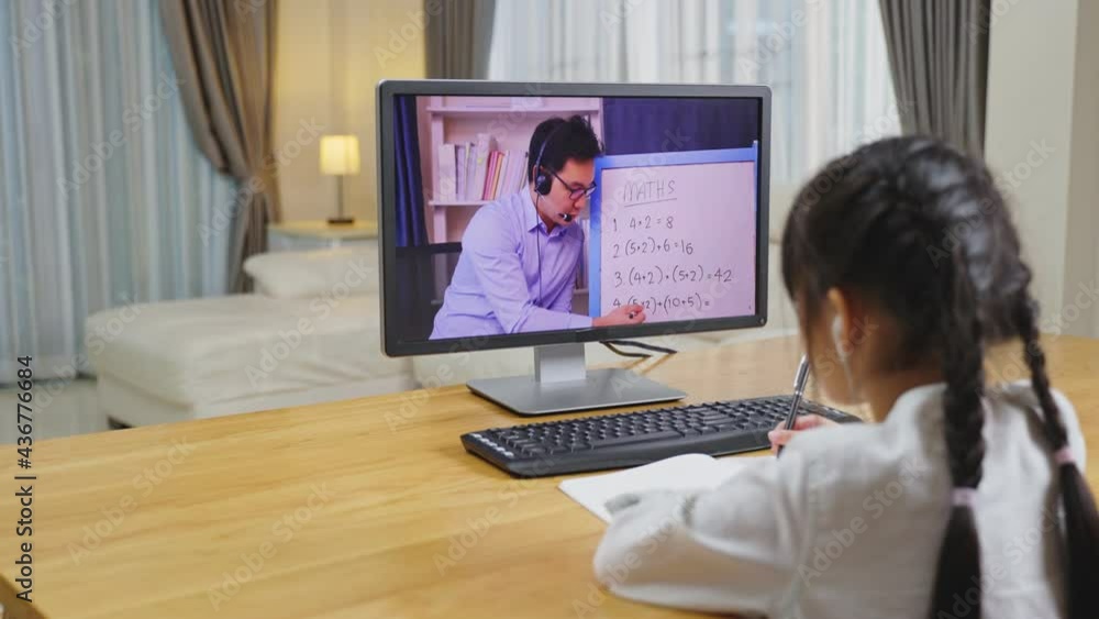 Homeschool girl virtual online learn with teacher due covid19 at home Homeschool girl virtual online learn with teacher due covid19 at home