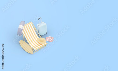 Summer time 3d rendering with beach chairs and suitcase.