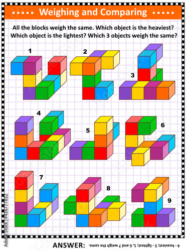 Weighing and comparing math visual puzzle with building blocks: All the blocks weigh the same. Which object is the heaviest? Which object is the lightest? Which 3 objects weigh the same?
