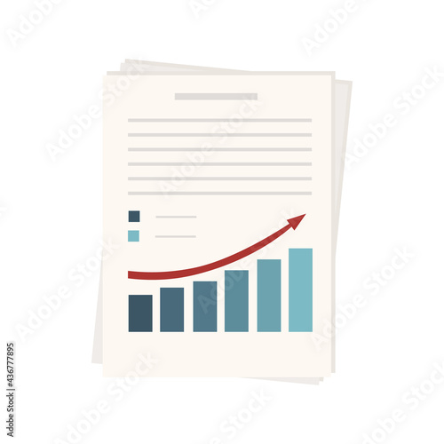 Graph, diagram or statistics. Dynamics of development and process performance.Red up arrow. Business analysis paper document, 
growth result, page, sheet, list. Report indicator traffic concept.Vector