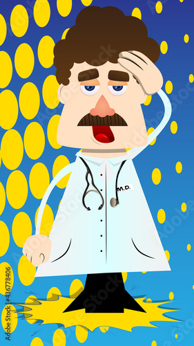 Funny cartoon doctor placing hand on head. Vector illustration. Health care worker with problems thinking on solutions.