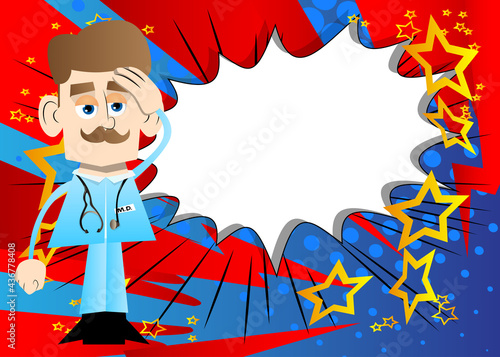 Funny cartoon doctor placing hand on head. Vector illustration. Health care worker with problems thinking on solutions.