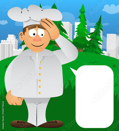 Fat male cartoon chef in uniform placing hand on head. Vector illustration. Cook with problems thinking on solutions.