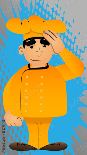 Fat male cartoon chef in uniform placing hand on head. Vector illustration. Cook with problems thinking on solutions.