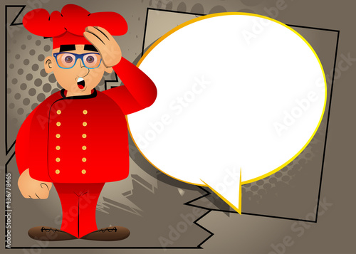 Fat male cartoon chef in uniform placing hand on head. Vector illustration. Cook with problems thinking on solutions.
