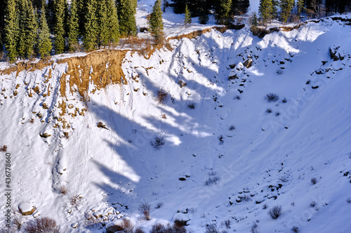 Interestingly shaped shadows cast by a number of fir trees on the snow in a mountain valley in the winter season