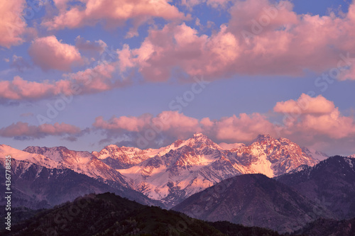 Majestic rocky peaks with fir forest on the background of blue sky with clouds at sunset
