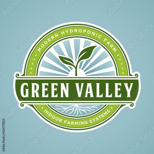 Vector graphic of professional hydroponic farm logo family with green color, style vintage retro logo circular emblem, plant icon with roots, leaves icon hydroponics