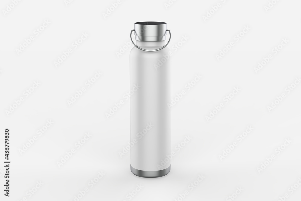 Close-up of reusable, steel thermos water bottle, isolated on white background. Say no to plastic disposable bottle. 3d illustration Close-up of reusable, steel thermos water bottle, isolated on white background. Say no to plastic disposable bottle. 3d illustration