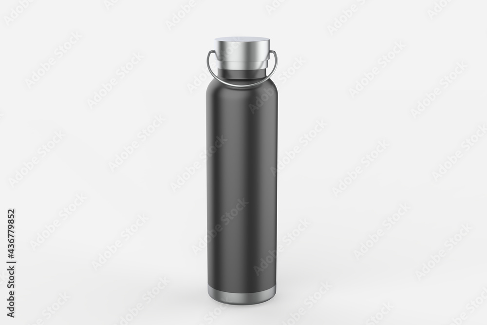 Close-up of reusable, steel thermos water bottle, isolated on white background. Say no to plastic disposable bottle. 3d illustration Close-up of reusable, steel thermos water bottle, isolated on white background. Say no to plastic disposable bottle. 3d illustration