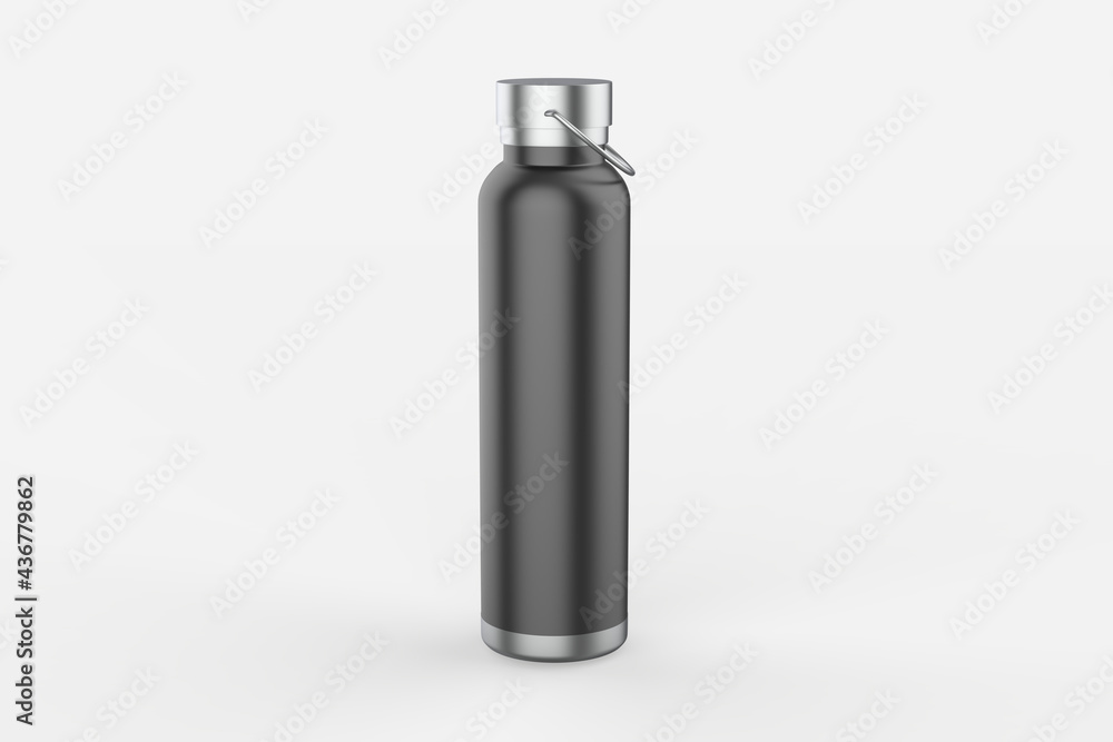 Close-up of reusable, steel thermos water bottle, isolated on white background. Say no to plastic disposable bottle. 3d illustration Close-up of reusable, steel thermos water bottle, isolated on white background. Say no to plastic disposable bottle. 3d illustration