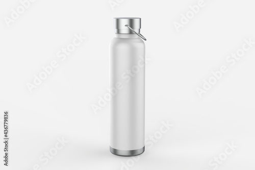 Close-up of reusable, steel thermos water bottle, isolated on white background. Say no to plastic disposable bottle. 3d illustration