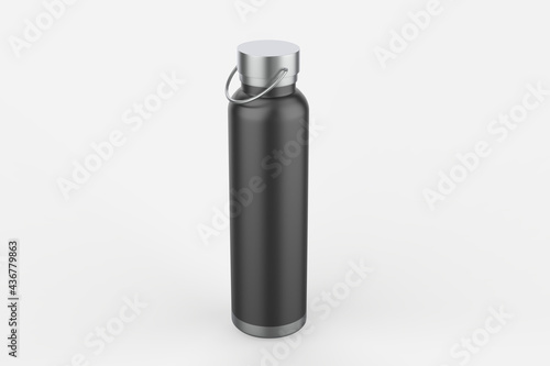 Close-up of reusable, steel thermos water bottle, isolated on white background. Say no to plastic disposable bottle. 3d illustration