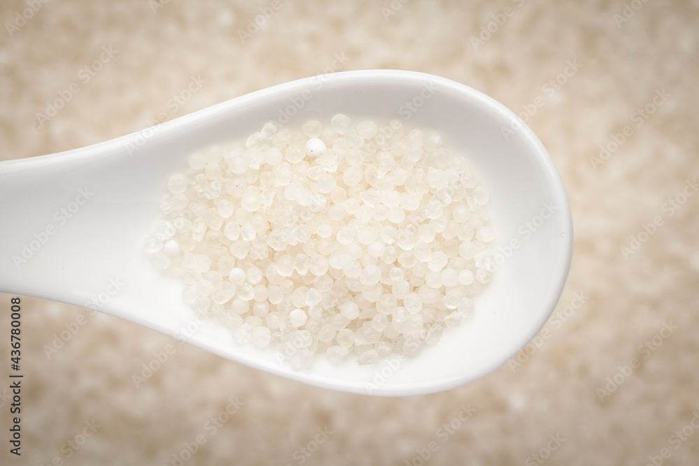 Macro Close up of organic white sago or sabudana small size on a white ceramic soup spoon in a blurred background. Top view Macro Close up of organic white sago or sabudana small size on a white ceramic soup spoon in a blurred background. Top view