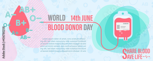 Poster campaign's of World blood donor day with slogan and example texts in flat style and banner vector design.