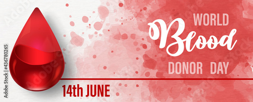 Giant blood droplet in glass style with the day and name of event on red watercolor and white background. Poster campaign's of World blood donor day in watercolor style and banner vector design.