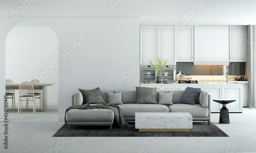 Home and decoration furniture mock up interior design of living and dining room and white kitchen and empty wall texture background © teeraphan