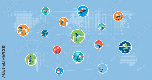 flat vector business people using technology to remote working and business smart working online connect anywhere concept