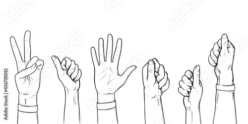 Raised hands voting and ready to help and fight. Arms up concept. Outline vector illustration