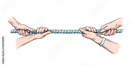 Tug war competition with rope. Hands pulling rope. Colored hand drawn vector illustration isolated in white background
