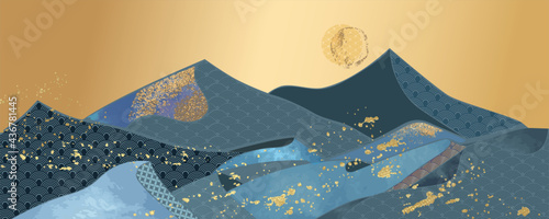 landscape wallpaper Japanese design with blue pattern, luxury background design for cover, invitation background, packaging design, fabric, and print. Vector illustration.