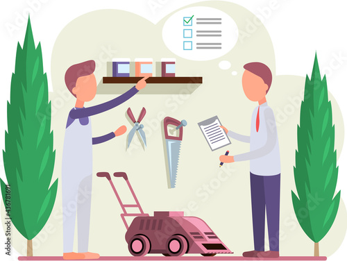 Gardeners with inventory list stand in shed with equipment and lawn mower. Farmers work in yard, take care of trees and plants on backyard. Agriculture worker check inventory according to plan