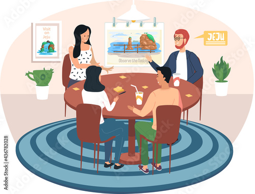 Happy family or friends playing logic game at home on weekend on theme of Jeju Island in South Korea with showplaces and landmarks. People are playing with board game sitting at table together